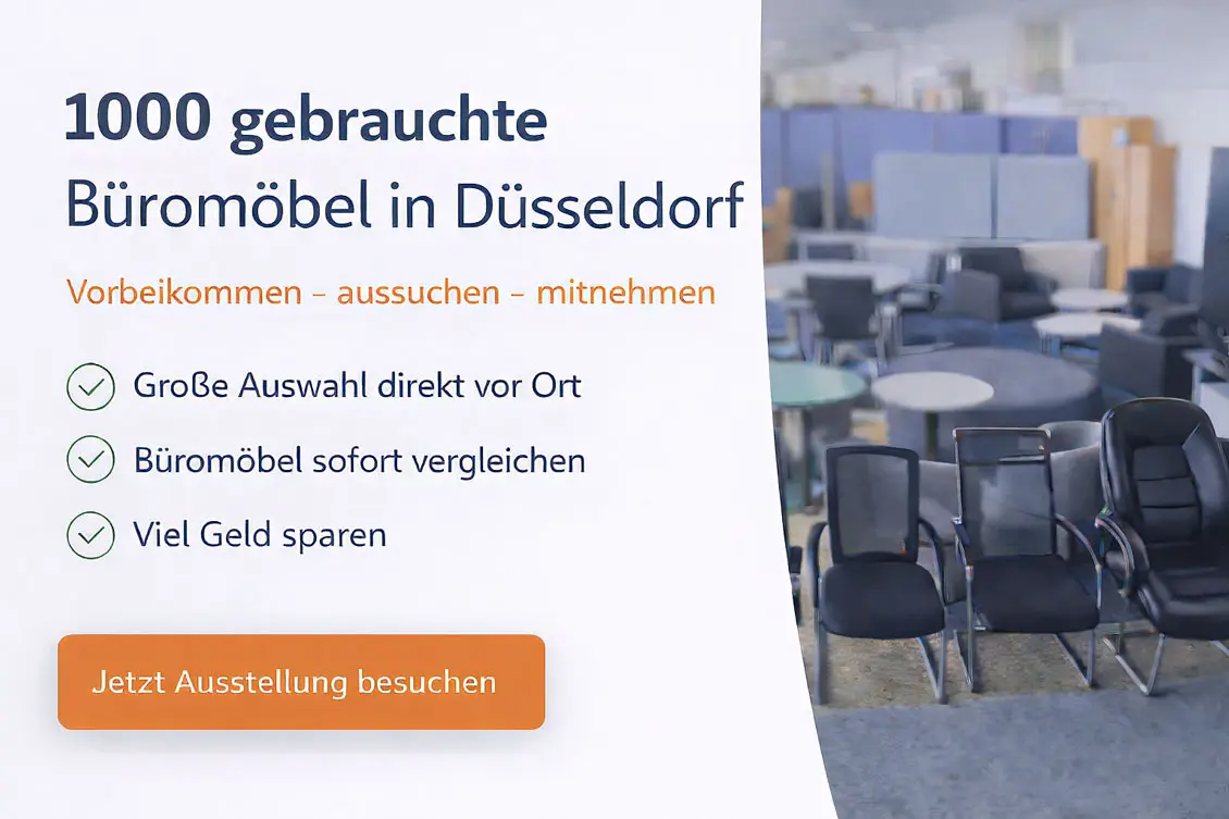 Banner, das den Kauf von gebrauchten Büromöbeln in Düsseldorf empfiehlt