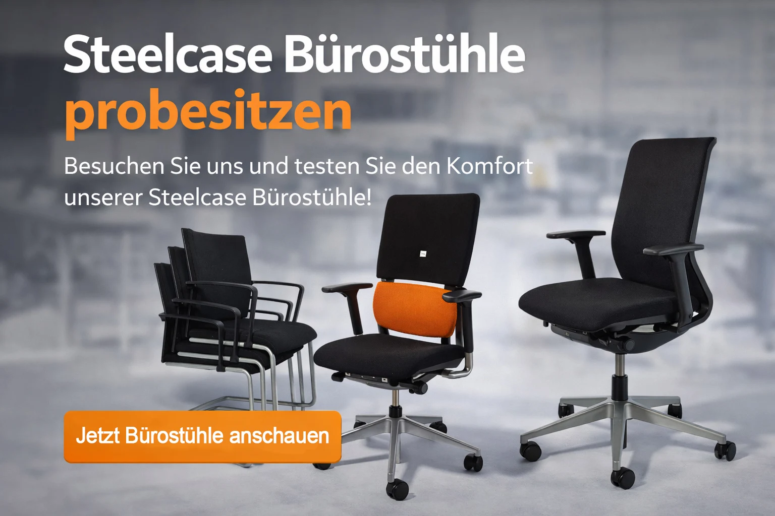 Drei gebrauchte Steelcase Bürostühle in der Ausstellung von Expan in Düsseldorf zum Probesitzen, Vergleichen und Testen von Ergonomie und Sitzkomfort 
