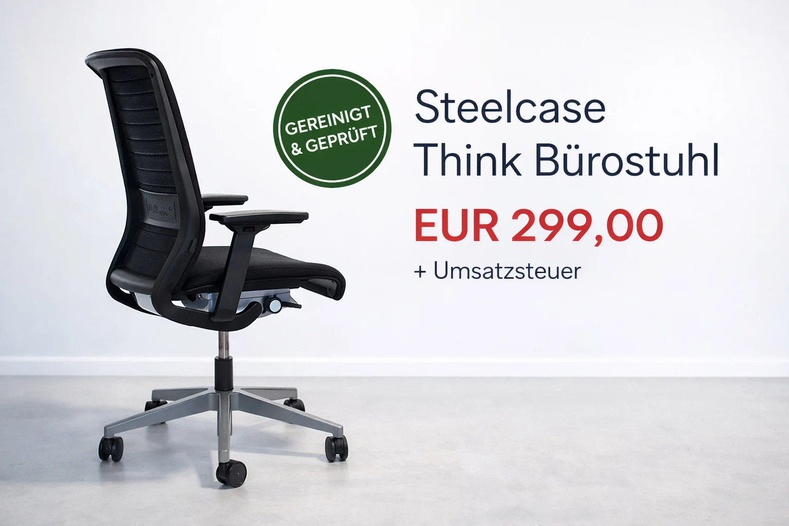 Gebrauchter Steelcase Think Bürostuhl in Schwarz, frontal fotografiert, gereinigt und geprüft