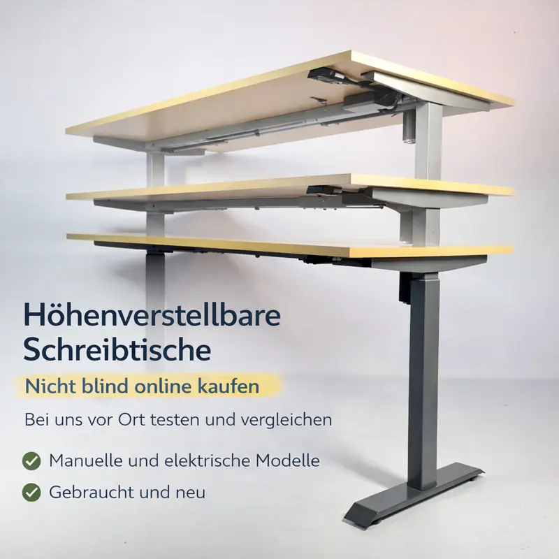 Höhenverstellbarer Schreibtisch in drei verschiedenen Höhen