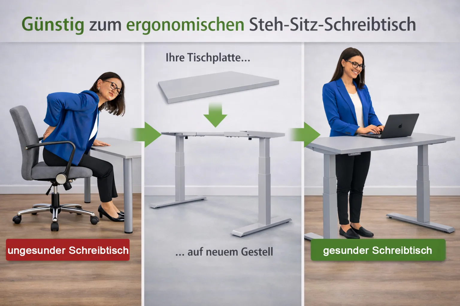 Eine Frau sitzt an einem ungesunden Schreibtisch und hat Rückenschmerzen, dann wird der Tisch umgebaucht und die Frau sitzt an einem höhenverstellbaren, gesunden Schreibtisch ohne Schmerzen