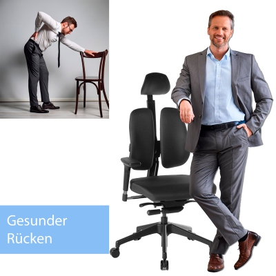 Ergonomischer Bürodrehstuhl mit geteilter Rückenlehne und Nackenstütze