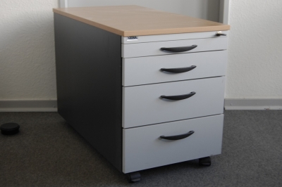 gebrauchter Rollcontainer mit 3 Schubladen, Korpus anthrazit, Front lichtgrau, Abdeckplatte Buche