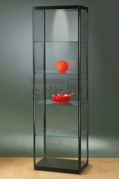 Glasvitrine mit 1 Flügeltüre und 4 Glaseinlegeböden sowie einem LED-Strahler im Ober