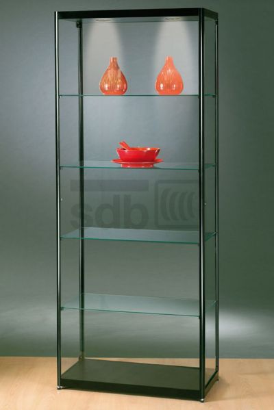 Glasvitrine mit einer Türe, schwarzem Rahmen, 4 Einlegeböden und LED-Beleuchtung