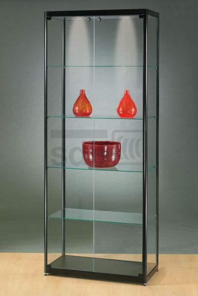 Glasvitrine mit 2 Flügeltüren und 4 Glaseinlegeböden sowie zwei LED-Strahlern im Ober