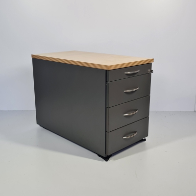gebrauchter Rollcontainer in anthrazit mit 3 Schubladen und Abdeckplatte in Ahorn 
