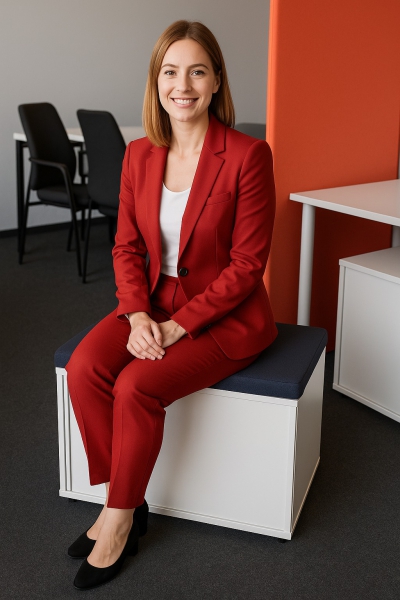 weißer Rollcontainer mit schwarzem Sitzpolster auf dem eine junge Frau mit Businesskleidung sitzt