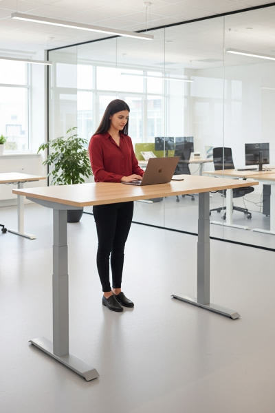 Frau an einem Steh-Sitz-Schreibtisch in einem Büro mit Laptop