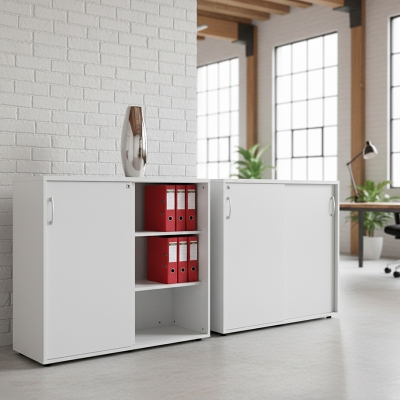 Weißer Schiebetürenschrank in 3 Ordnerhöhen