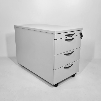 lichtgrauer Rollcontainer mit 1 Materialfach und 3 Schubladen