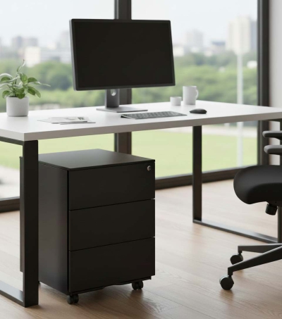 schwarzer Stahl Rollcontainer mit 3 Schüben