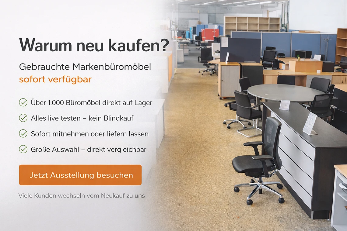 Gebrauchte Markenbüromöbel sofort verfügbar – große Auswahl an Bürostühlen, Schreibtischen und Büroeinrichtungen live im Showroom testen.