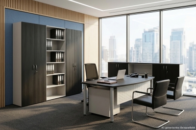 Chefbüro mit Aktenschrank, Schreibtisch und Sideboard in edlem Esche schwarz Dekor